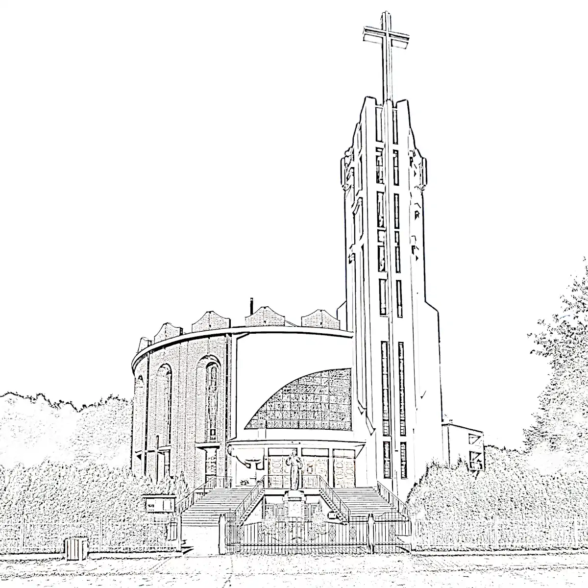 Kościół Poniatowa Parafia Ducha Świętego w Poniatowej wieża dzwonnica grafika sepia
