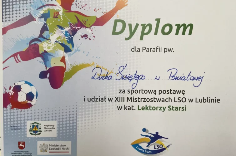 Mistrzostwa LSO Lublin 2023 piłka nożna halowa sport dyplom Parafia Ducha Świętego Poniatowa